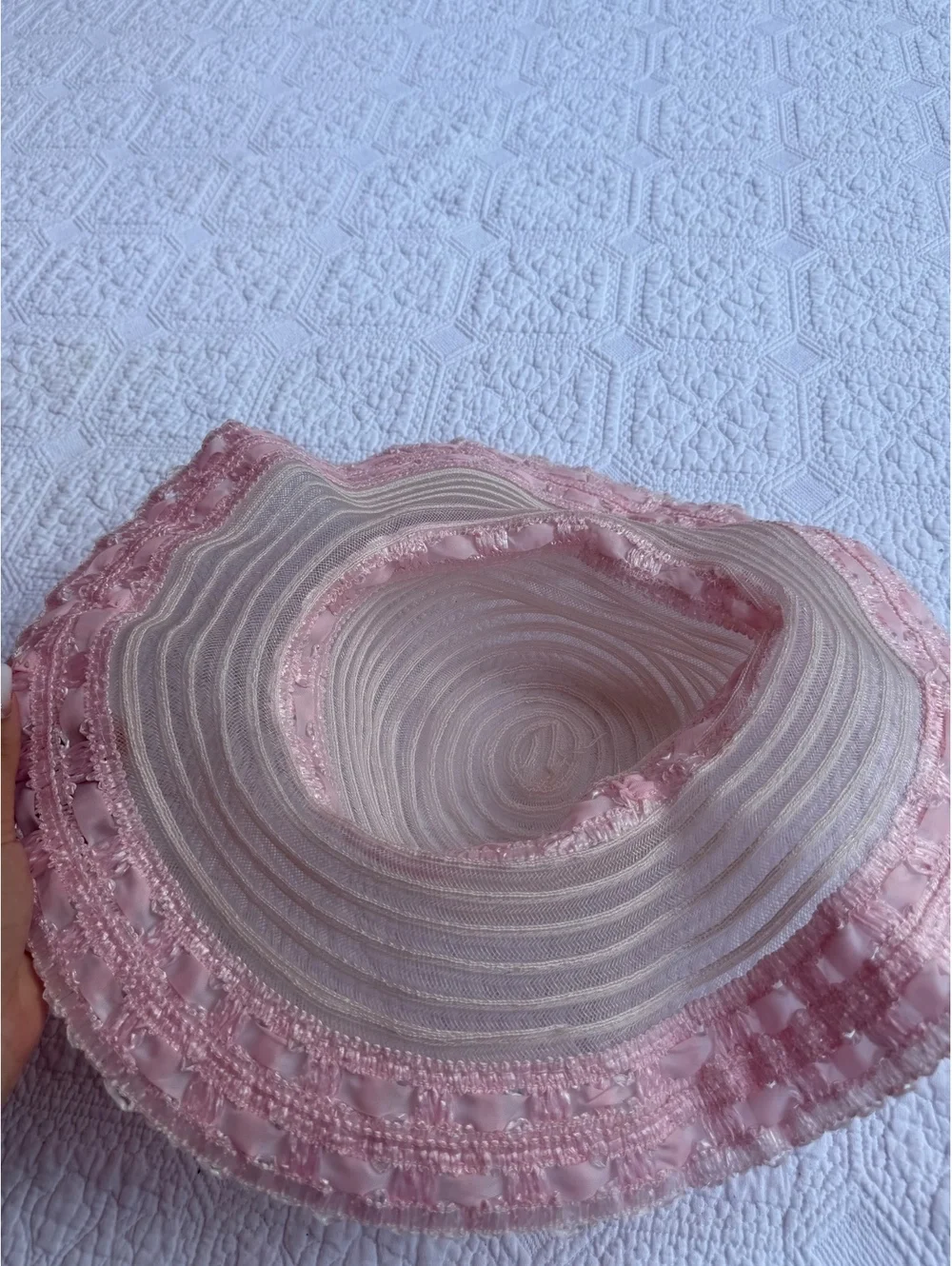 Vintage Pink and White Wide Brim Sun Hat with Ribbon Trim